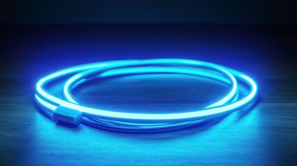 Poster - Glowing blue neon light cable on dark wood.