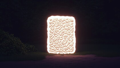 Poster - Glowing stone tablet in dark forest at night.