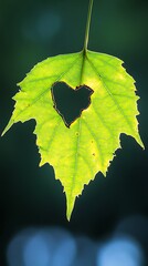 Wall Mural - Green leaf with heart-shaped hole.