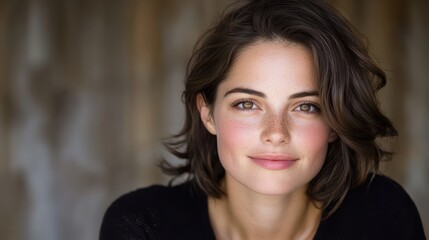 Wall Mural - Smiling young caucasian female with short brown hair and freckles