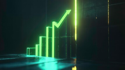 Poster - Glowing green arrow graph rising, showing growth and success in dark background.