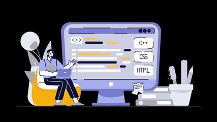 Poster - A European female programmer working on a laptop in front of a large computer screen displaying code.