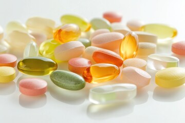 Poster - Colorful variety of pills and capsules on a light background for health and wellness promotion. Generative AI