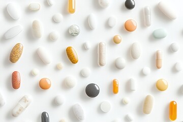 Poster - Colorful assortment of pills and capsules on a white background showcasing diverse shapes and sizes. Generative AI