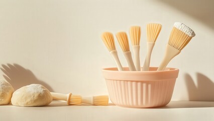 Baking tools including brushes and dough on a minimalist background