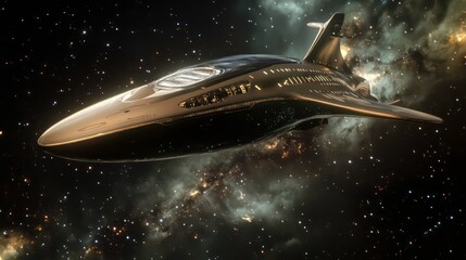 Poster - Futuristic spaceship soaring through a nebula, stars, and cosmic dust.