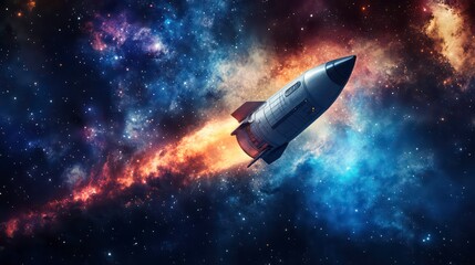 Poster - A rocket ship soaring through a vibrant nebula, stars and cosmic dust.