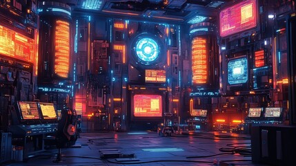 Poster - A high-tech autonomous data hub is filled with glowing server stacks and bright screens, illuminating a modern workspace