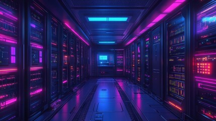 Poster - An advanced autonomous data hub features glowing server stacks illuminated in vibrant colors. The high-tech environment highlights sleek architecture and efficient data management at work