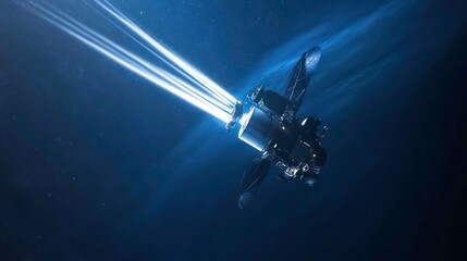 Poster - Spacecraft in deep space with bright light trails.