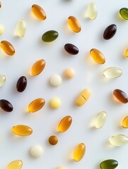 Poster - Colorful assortment of various pills and capsules scattered on a flat surface. Generative AI
