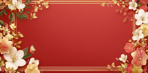 Wall Mural - a red background with a golden border and a floral frame with leaves, creating a festive chinese new