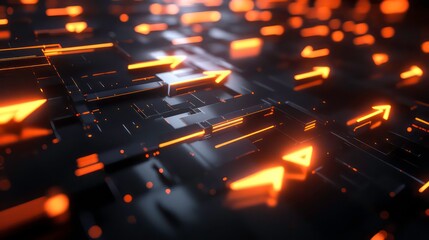 Poster - Abstract 3D rendering of glowing orange arrows on dark, geometric surface.