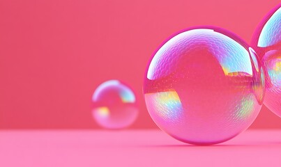 Wall Mural - Iridescent spheres on pink background.