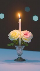 Canvas Print - Lit candle with two roses in silver holder.