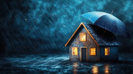 Wall Mural - A cozy house under an umbrella in a rainstorm, symbolizing shelter and comfort.