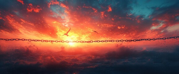 Wall Mural - Dramatic sunset with chain, birds flying, signifying freedom or escape.