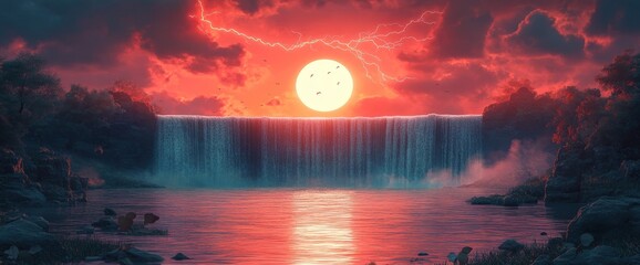 Wall Mural - Dramatic sunset over waterfall, two figures by lake.