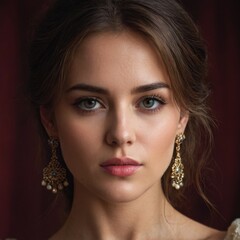 Wall Mural - A woman with long, wavy hair and elegant earrings poses against a dark red backdrop, exuding sophistication and grace.