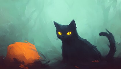 Poster - Mystical black cat with glowing eyes in a foggy forest.