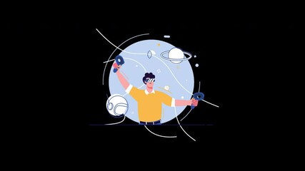 Poster - A young man enjoying virtual reality gaming with a playful expression surrounded by astrological symbols.