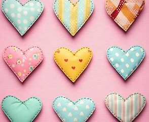 Poster - Nine fabric hearts in pastel colors arranged on a pink background.