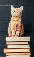 Poster - Orange tabby cat sitting on a stack of books against a dark brick wall.