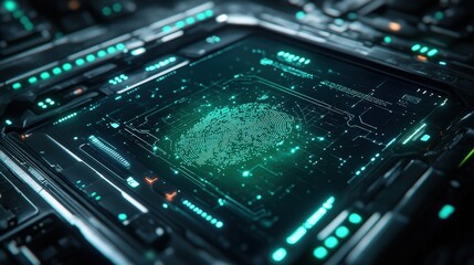 Poster - A sleek biometric scanner interface displays a detailed fingerprint pattern illuminated by vibrant green lights, highlighting cutting-edge technology in a modern setting