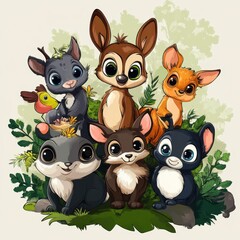 Wall Mural - Adorable Cartoon Animals Posing Together In Lush Greenery