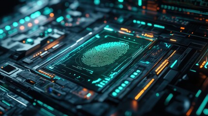 Poster - A sleek biometric scanner interface displays a digital fingerprint against a backdrop of advanced circuitry
