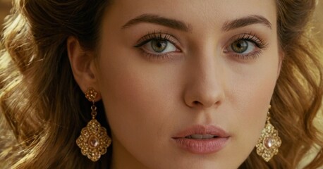 Wall Mural - A close-up of a woman’s hair styled in soft, voluminous curls, adorned with elegant earrings, set against a soft, blurred background