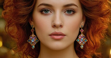 Wall Mural - A woman with vibrant, curly red hair adorned with elegant earrings, set against a softly glowing, golden background