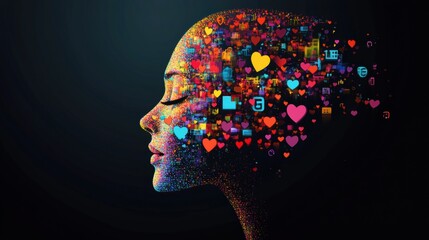 Leinwandbilder - Colorful human face composed of vibrant icons showcasing creativity and expression using various symbols in digital art. Generative AI