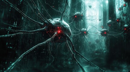 Poster - Intricate neural network structures populate a dark digital environment, with luminous red nodes interconnected by glowing tendrils