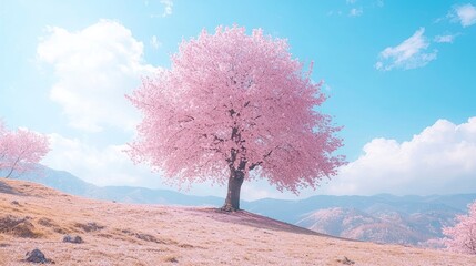 Wall Mural - Pink blossoms, tree on hill.