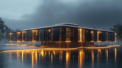 Poster - A futuristic building representing edge computing stands in a serene environment. Soft glowing lights reflect off the water, highlighting innovation