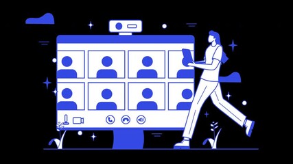 Poster - A person walks past a virtual meeting interface with diverse participants displayed, illustrating remote communication.