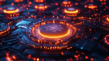 Poster - Futuristic nodes linked by glowing orange lines depict edge computing in a vibrant digital landscape focused on data processing and connectivity