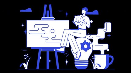 Poster - A person sitting on a lightbulb, holding a gear, with an easel and cup in a creative environment.