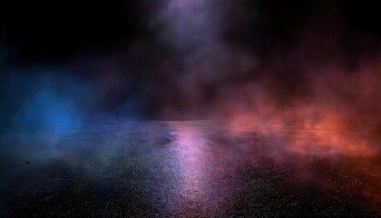 Poster - ethereal reflection of colorful lights on wet asphalt with dramatic smoke and fog background, ideal for abstract designs and backdrops

