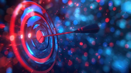 Poster - dart hitting center of colorful target, surrounded by vibrant bokeh lights, creates dynamic and energetic atmosphere. red and blue hues enhance visual impact