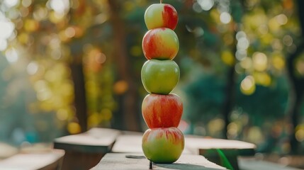 Stacked apples in serene outdoor setting, showcasing vibrant colors and natural light. composition highlights beauty of nature and fresh produce