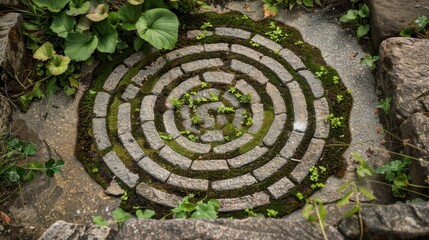 Wall Mural - circular stone labyrinth surrounded by green plants and moss, creating serene and tranquil atmosphere. intricate design invites contemplation and exploration