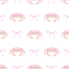 pink crab, bow. Watercolor seamless pattern in pastel colors for textile and wrapping paper. Cute watercolor seafood illustration