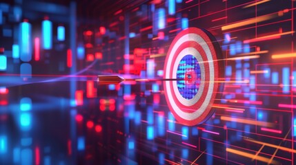 Poster - Digital dartboard with vibrant neon lights and data streams, symbolizing precision and technology in futuristic setting