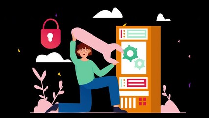 Poster - A cartoon character, likely European, works on a secure server with a wrench, representing technology and security.
