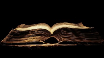 Poster - open book illuminated against dark background, showcasing its pages and texture, evokes sense of mystery and knowledge