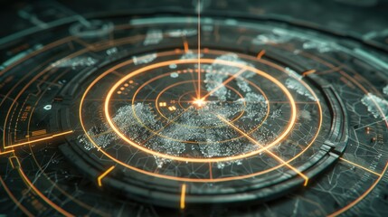 Poster - Futuristic radar display with glowing orange elements and detailed map. intricate design showcases technology and data visualization, creating sense of exploration and discovery
