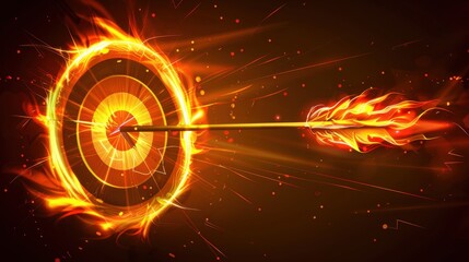 Poster - Fiery arrow hitting target, surrounded by glowing sparks and flames. dynamic composition conveys energy and precision in dramatic setting
