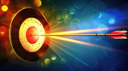 Poster - vibrant target with arrow hitting center, symbolizing focus and achievement. colorful background enhances dynamic energy of scene